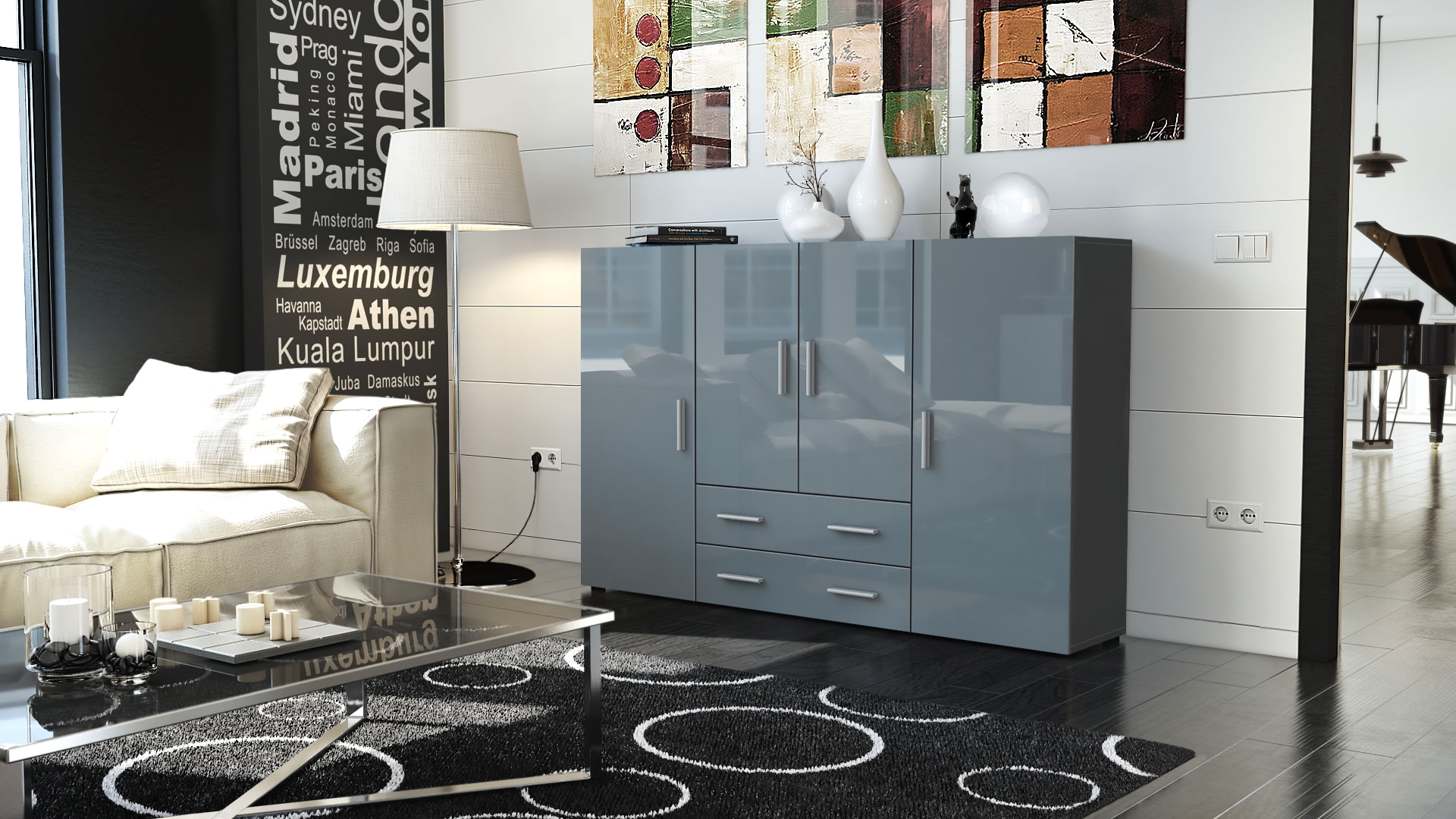 Highboard Sideboard Kommode Anrichte Wohnzimmer Möbel Nora in Anthrazit