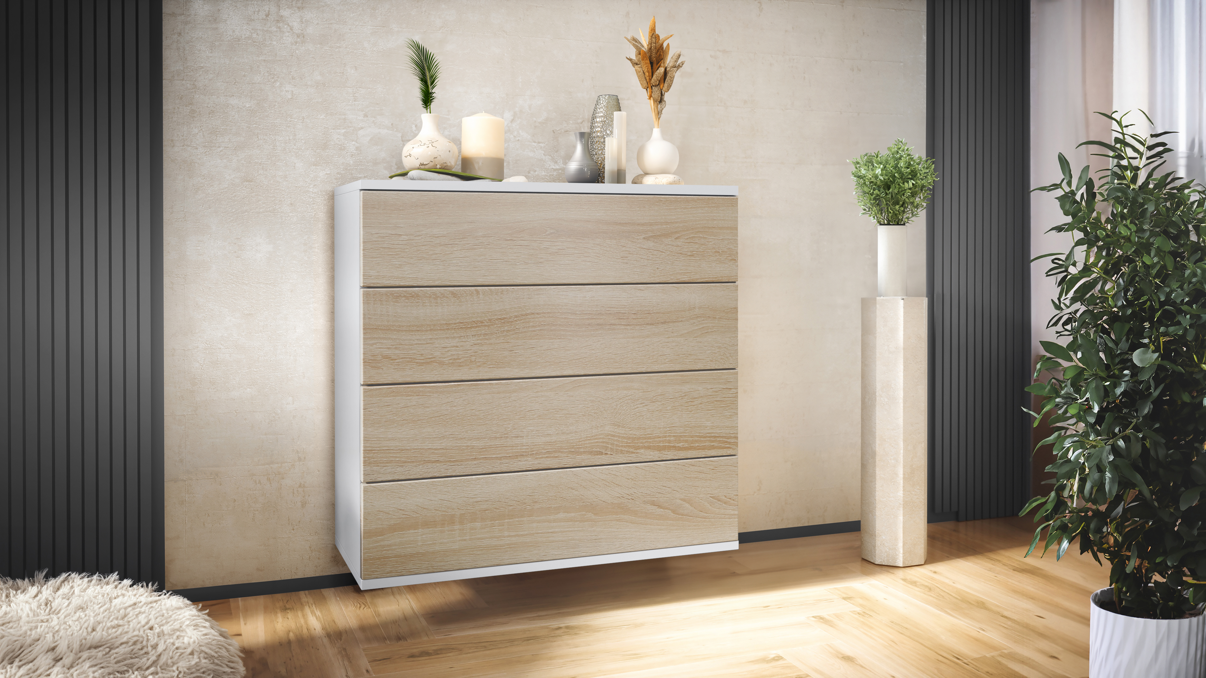 Kommode hängend Schrank Sideboard Pavos V3 in Weiß - Hochglanz & Naturtöne - Bild 25 von 39