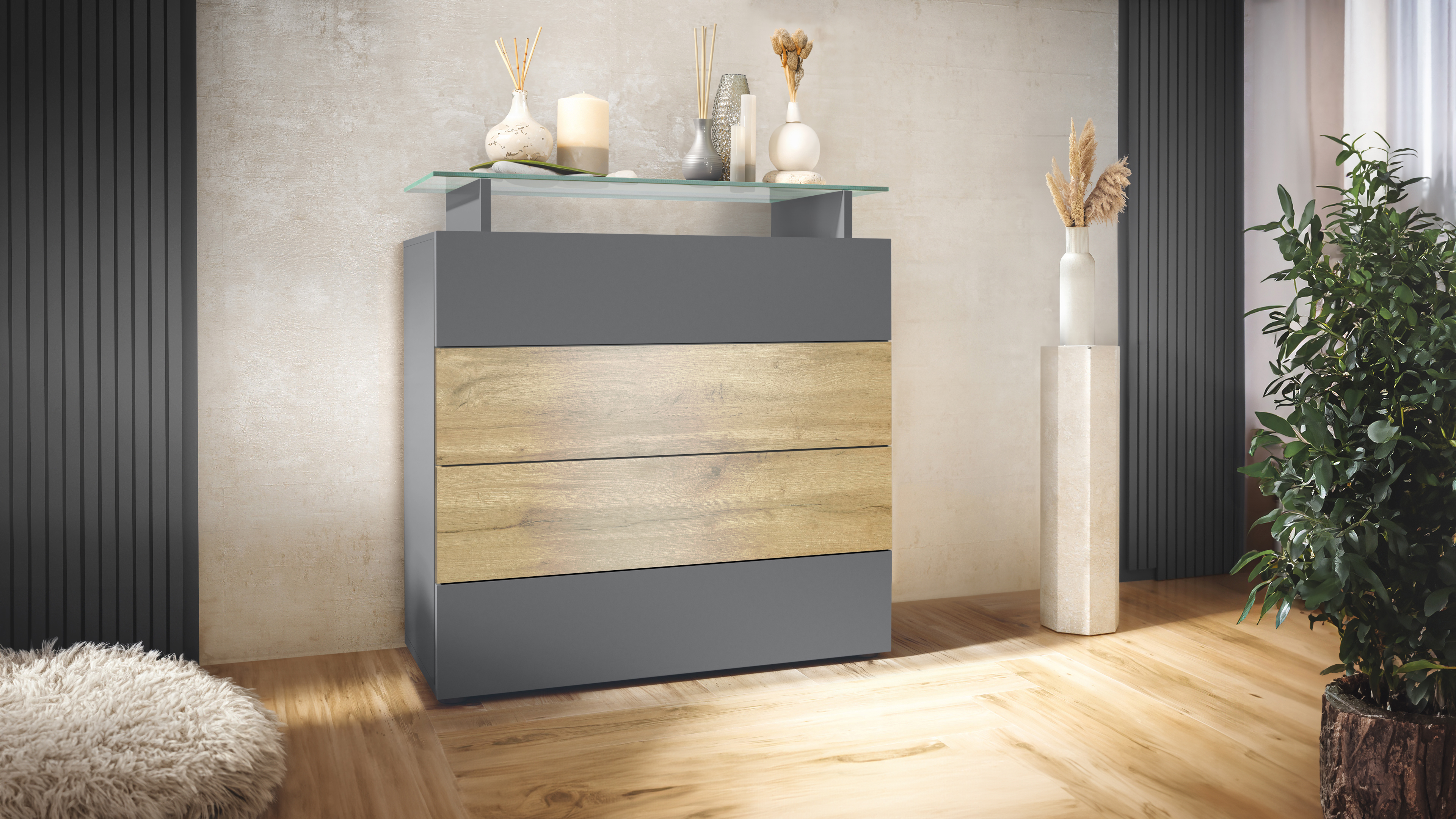 Kommode Schrank Anrichte Sideboard Pavos V2 in Anthrazit - Hochglanz & Naturtöne - Bild 9 von 19