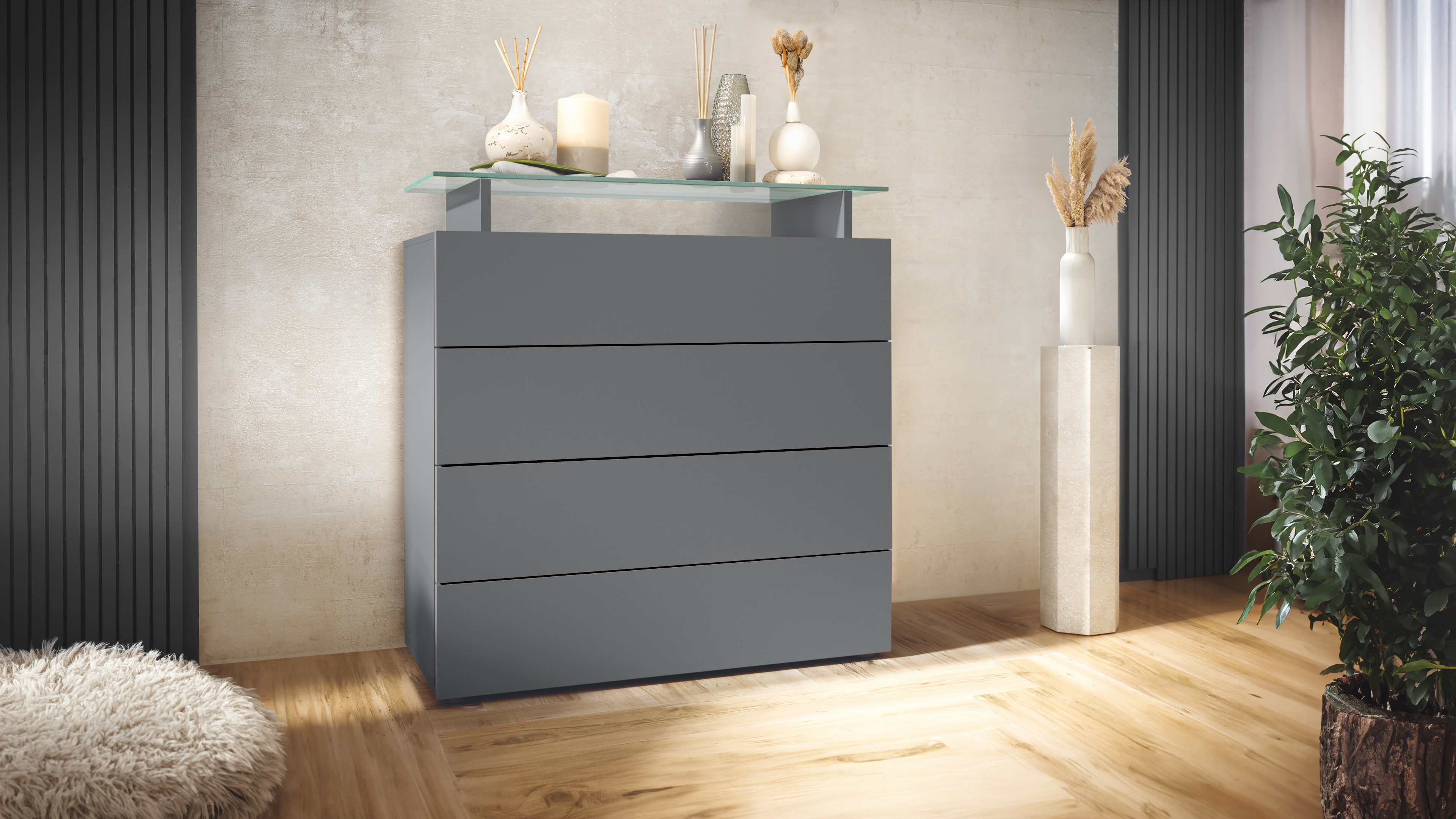 Kommode Schrank Anrichte Sideboard Pavos V2 in Anthrazit - Hochglanz & Naturtöne - Bild 7 von 19