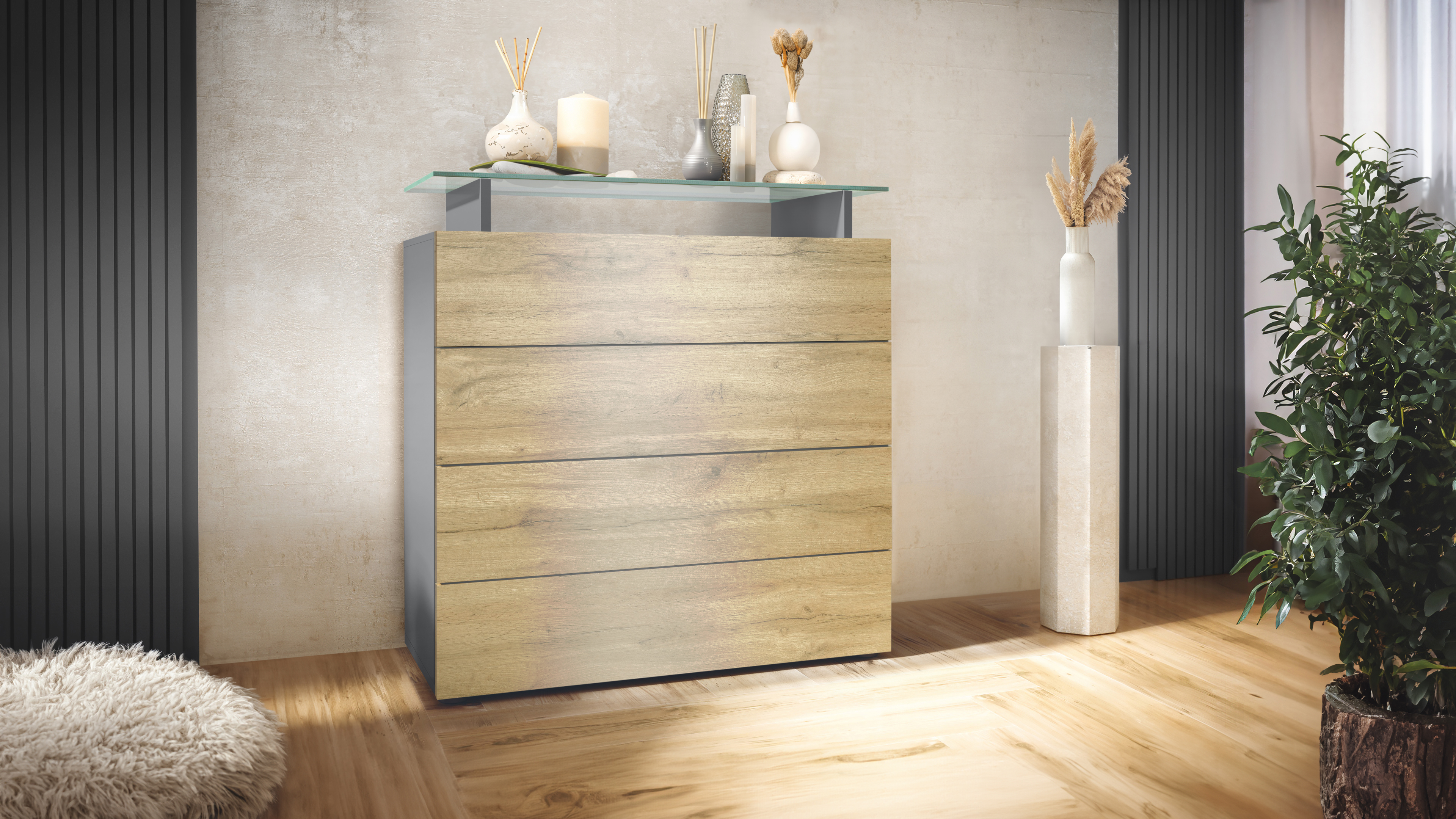Kommode Schrank Anrichte Sideboard Pavos V2 in Anthrazit - Hochglanz & Naturtöne - Bild 15 von 19