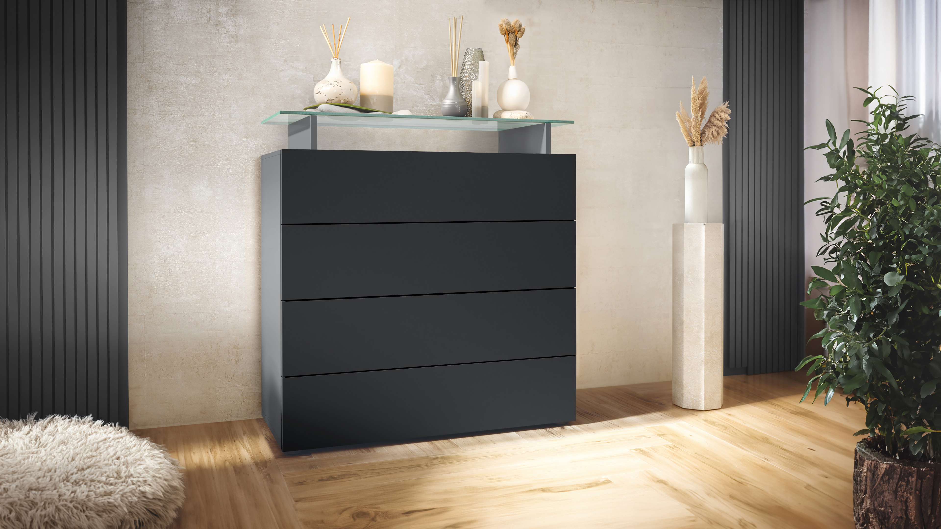 Kommode Schrank Anrichte Sideboard Pavos V2 in Anthrazit - Hochglanz & Naturtöne - Bild 17 von 19