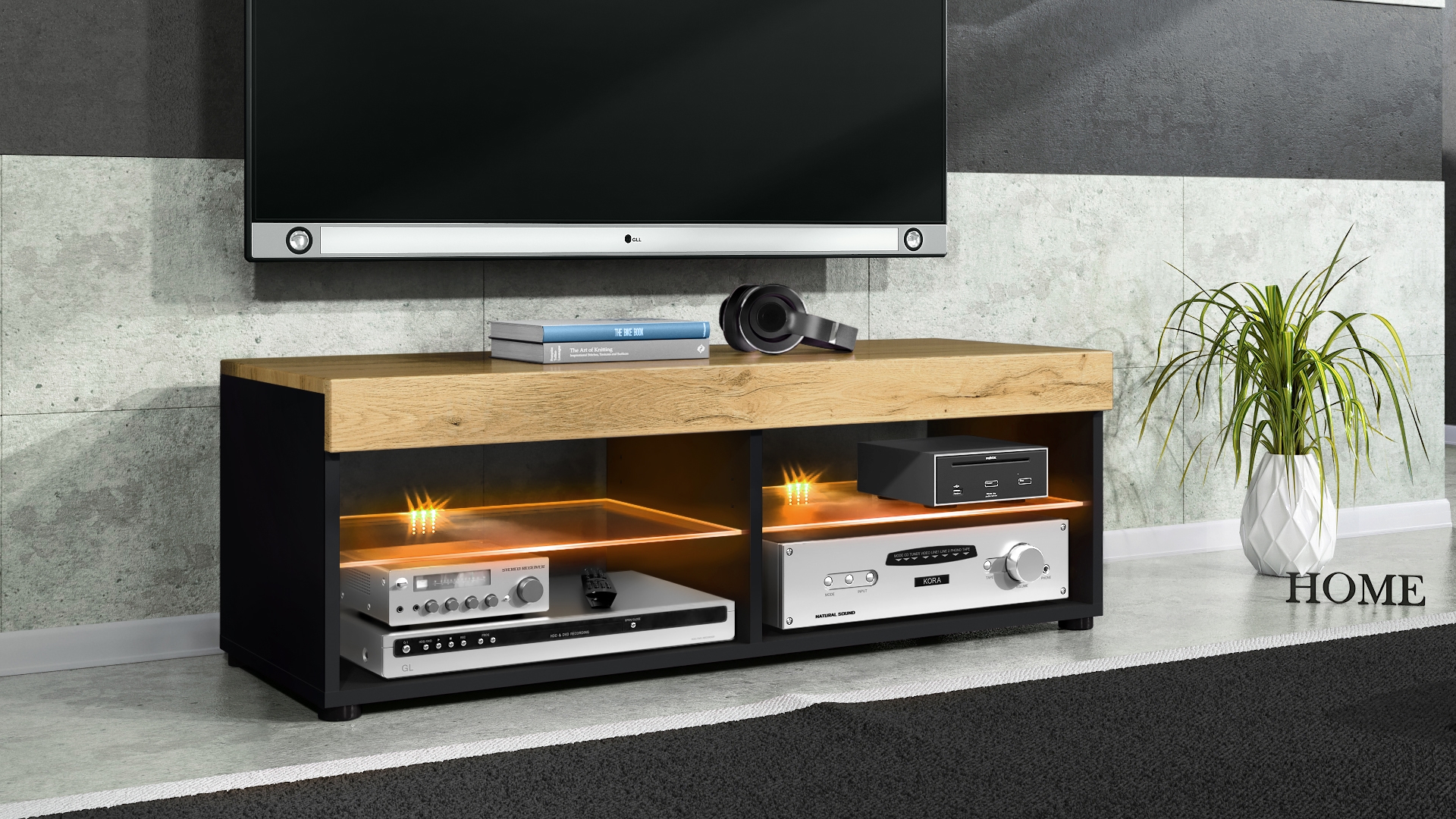 TV Stand Unit Lowboard Pure in Black matt High Gloss