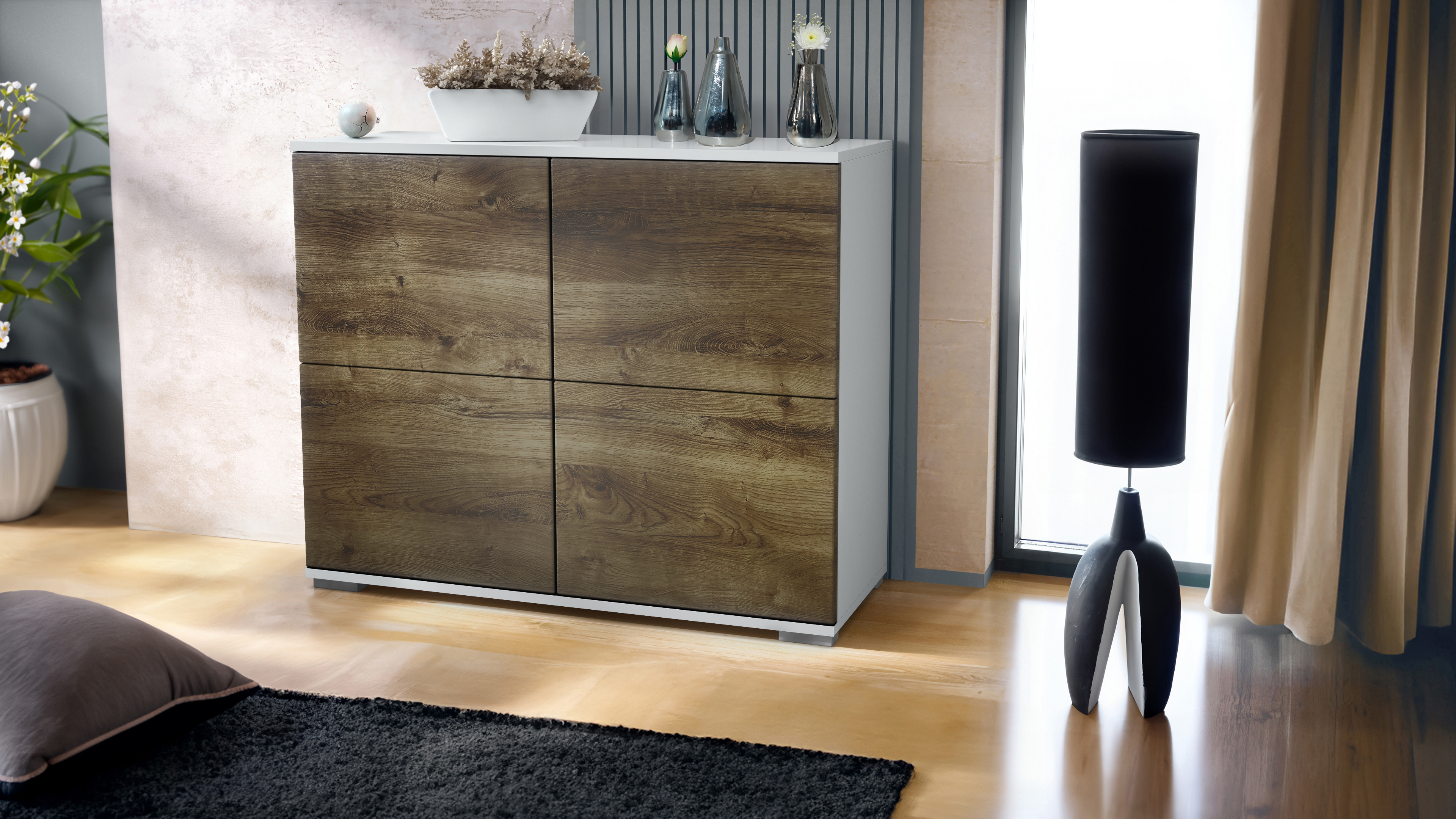 Sideboard Kommode Vitrine Küchenschrank Rova V3 Weiß - Hochglanz & Naturtöne - Bild 19 von 31