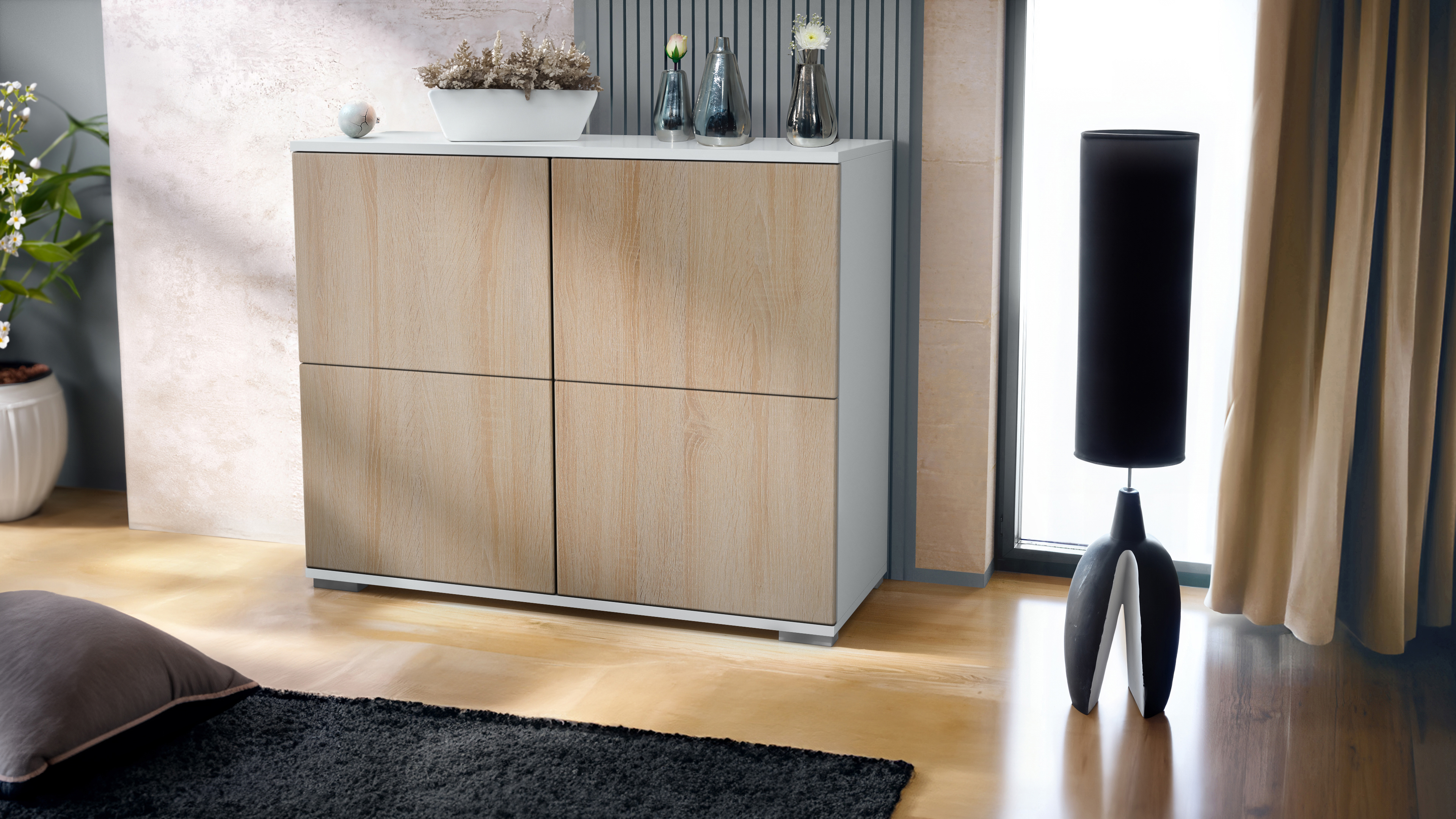 Sideboard Kommode Vitrine Küchenschrank Rova V3 Weiß - Hochglanz & Naturtöne - Bild 21 von 31