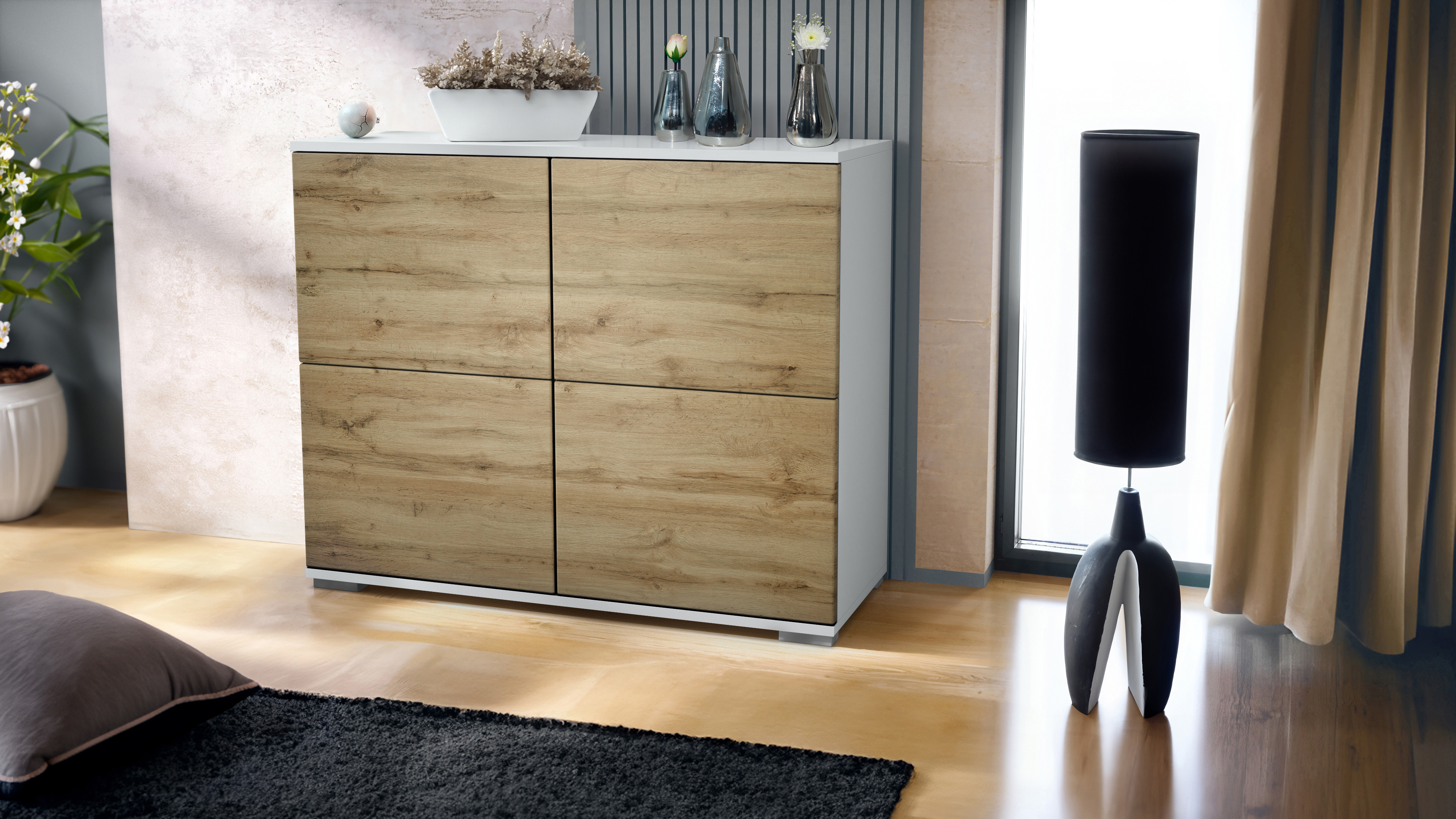 Sideboard Kommode Vitrine Küchenschrank Rova V3 Weiß - Hochglanz & Naturtöne - Bild 23 von 31