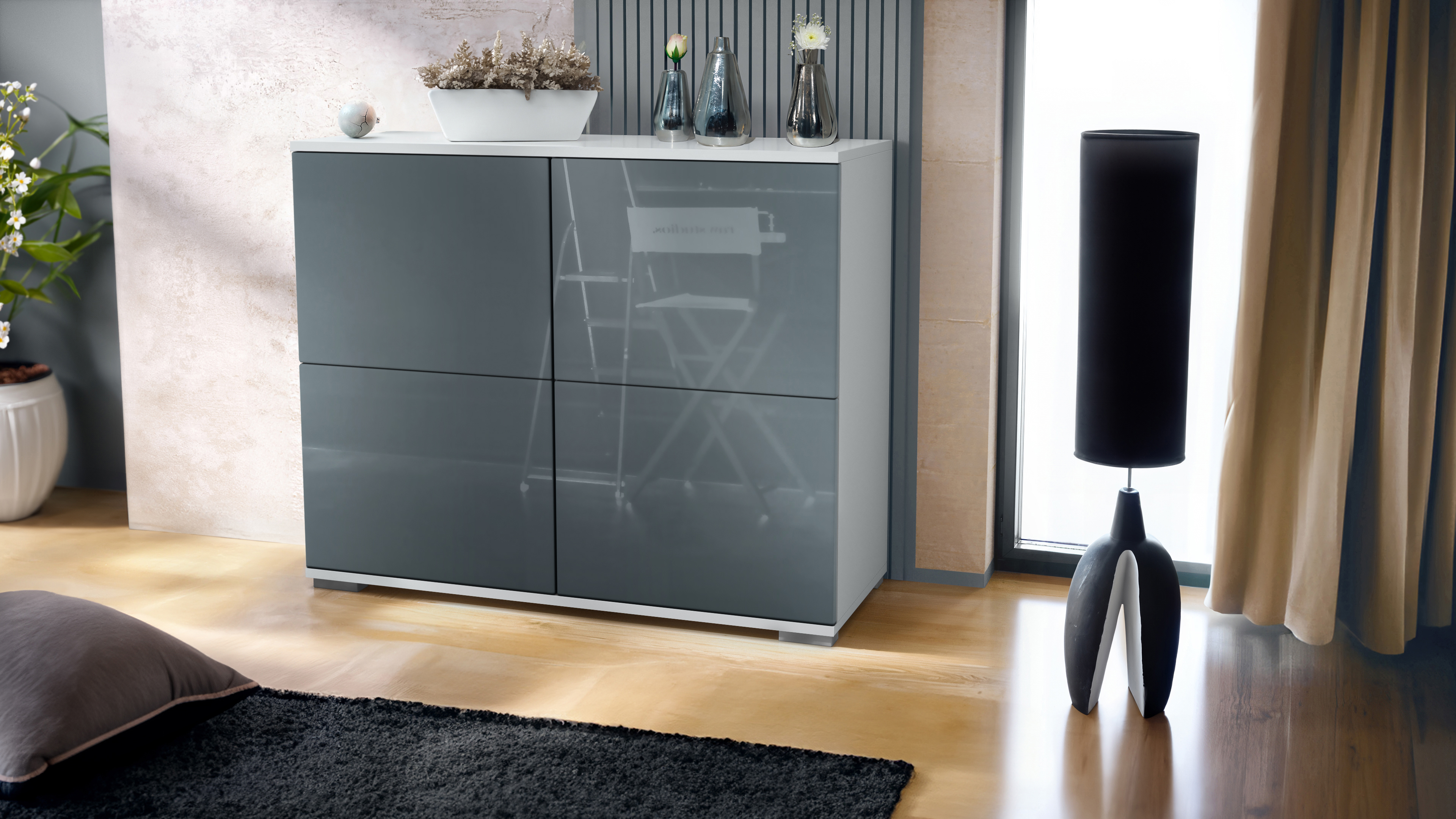 Sideboard Kommode Vitrine Küchenschrank Rova V3 Weiß - Hochglanz & Naturtöne - Bild 25 von 31