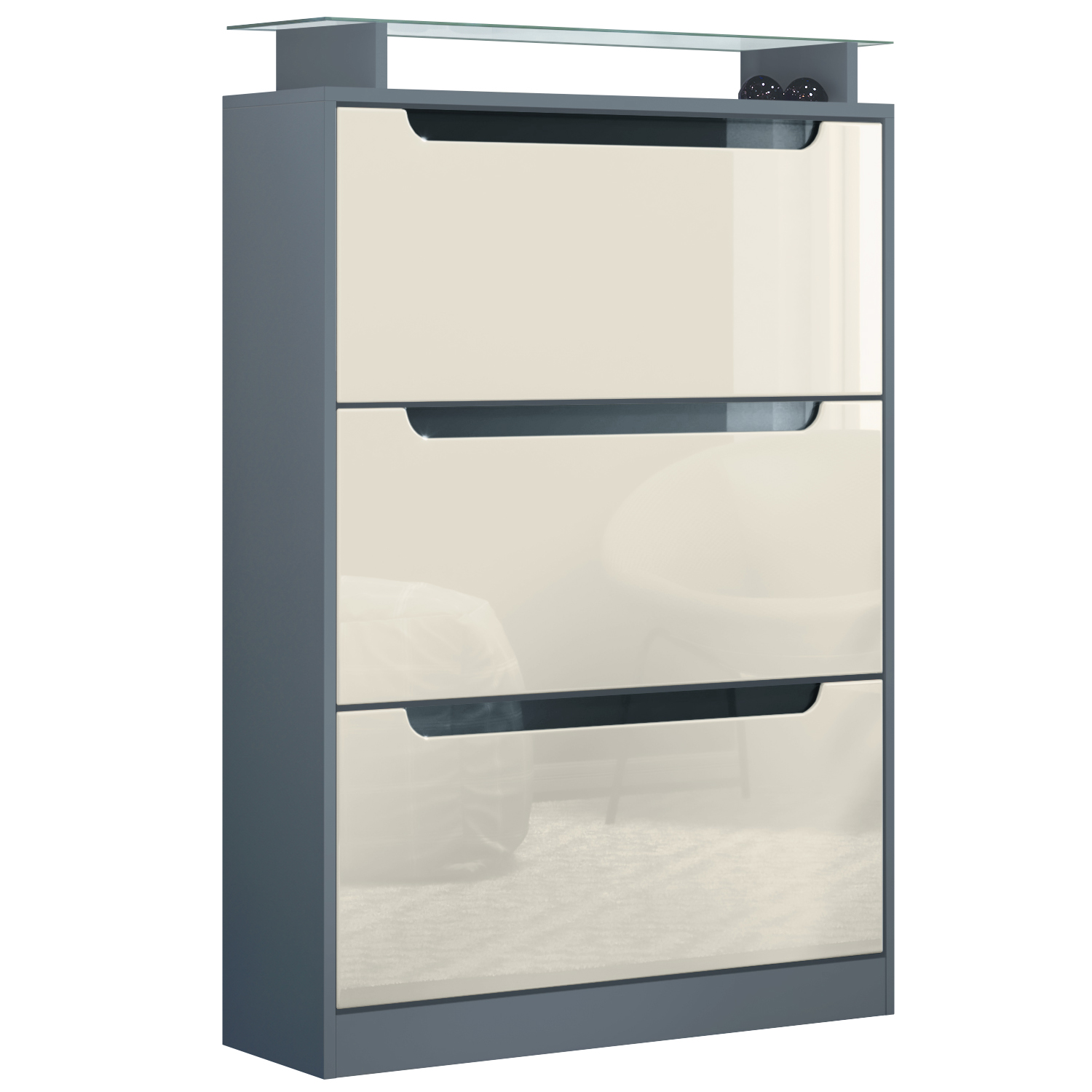 Schuhschrank Schuhkipper Diele Flur Schrank Space Anthrazit Hochglanz Naturtöne - Bild 10 von 21