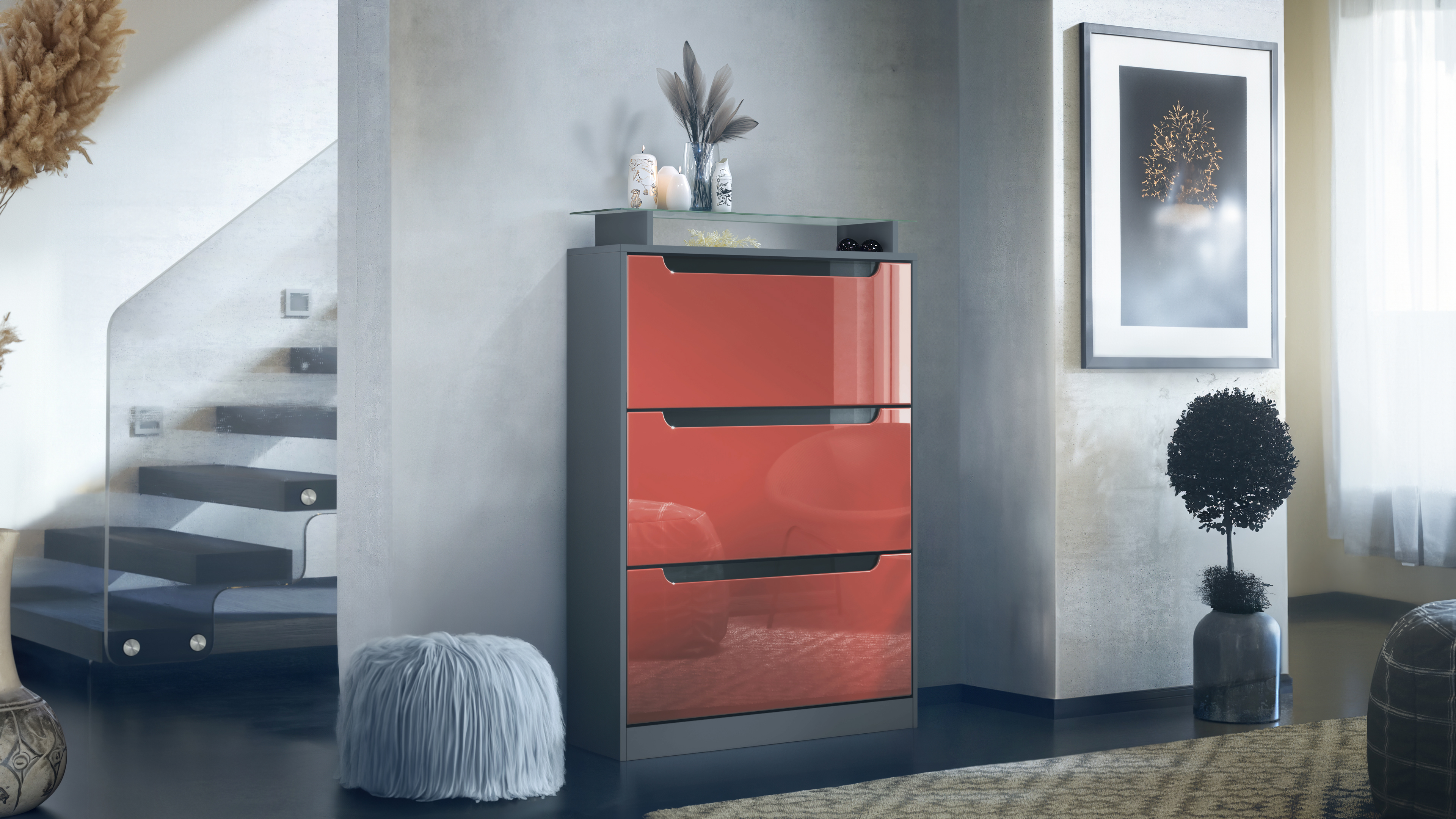 Schuhschrank Schuhkipper Diele Flur Schrank Space Anthrazit Hochglanz Naturtöne - Bild 9 von 21