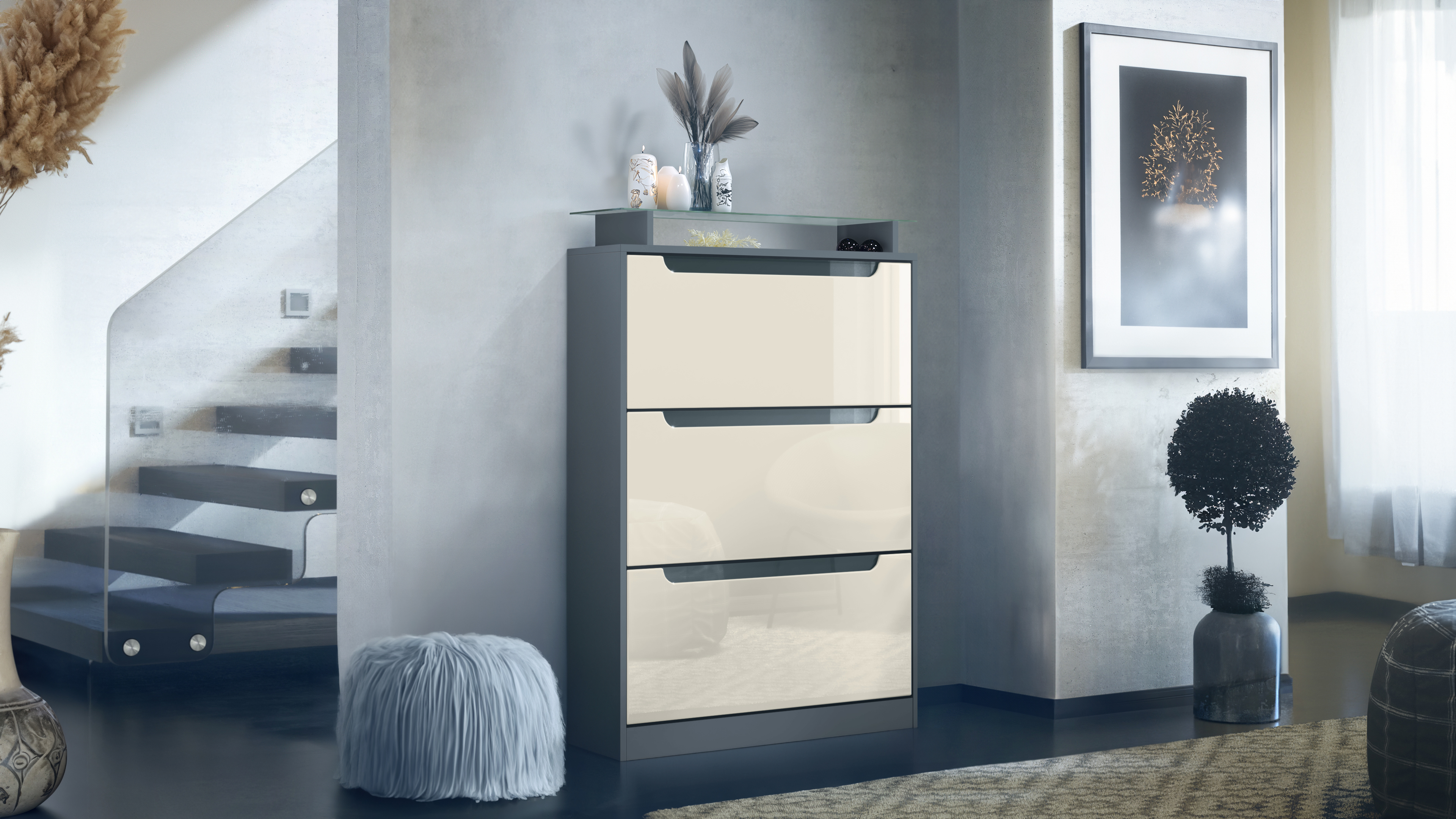 Schuhschrank Schuhkipper Diele Flur Schrank Space Anthrazit Hochglanz Naturtöne - Bild 11 von 21