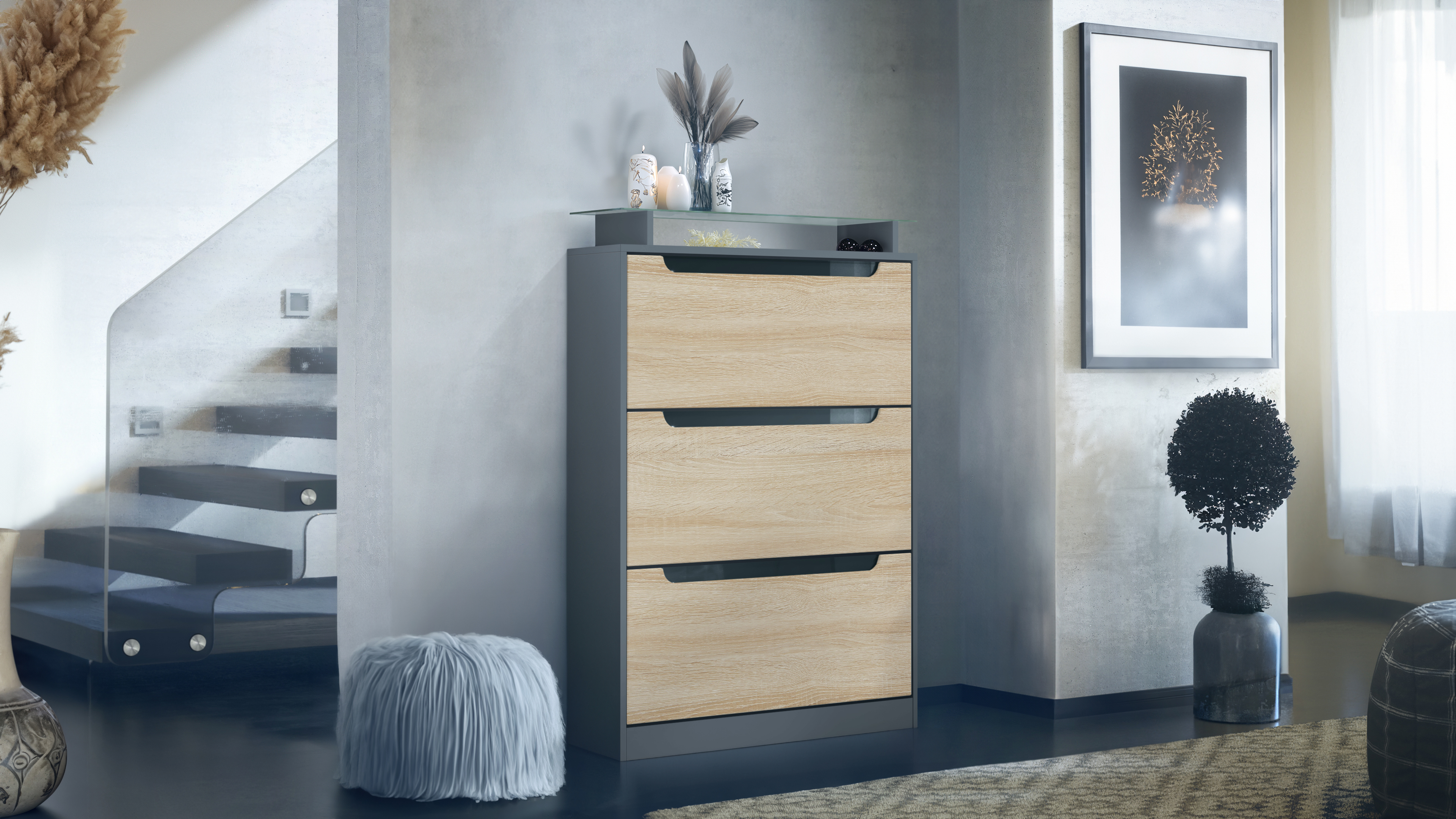 Schuhschrank Schuhkipper Diele Flur Schrank Space Anthrazit Hochglanz Naturtöne - Bild 13 von 21