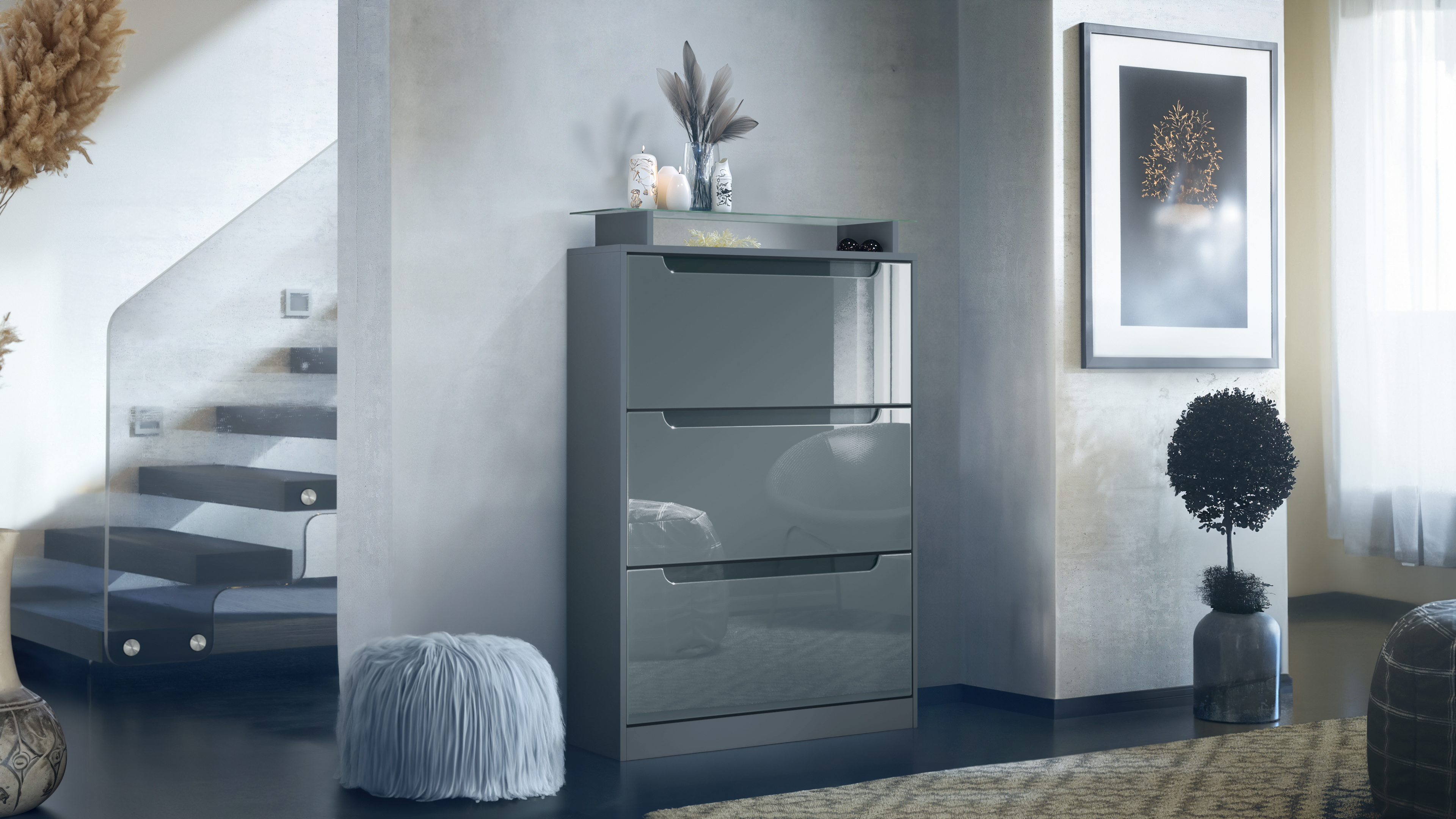 Schuhschrank Schuhkipper Diele Flur Schrank Space Anthrazit Hochglanz Naturtöne - Bild 15 von 21