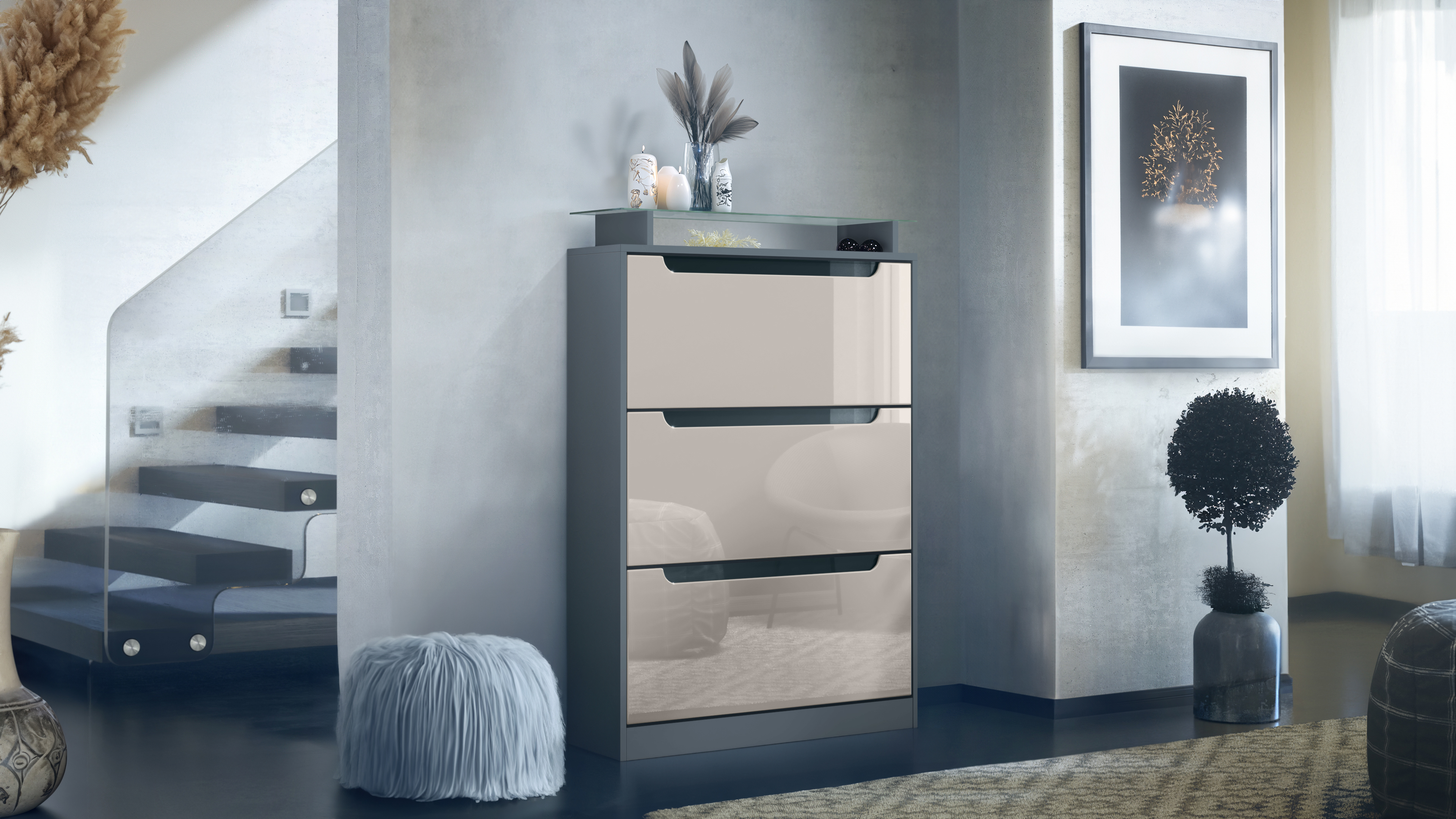 Schuhschrank Schuhkipper Diele Flur Schrank Space Anthrazit Hochglanz Naturtöne - Bild 17 von 21