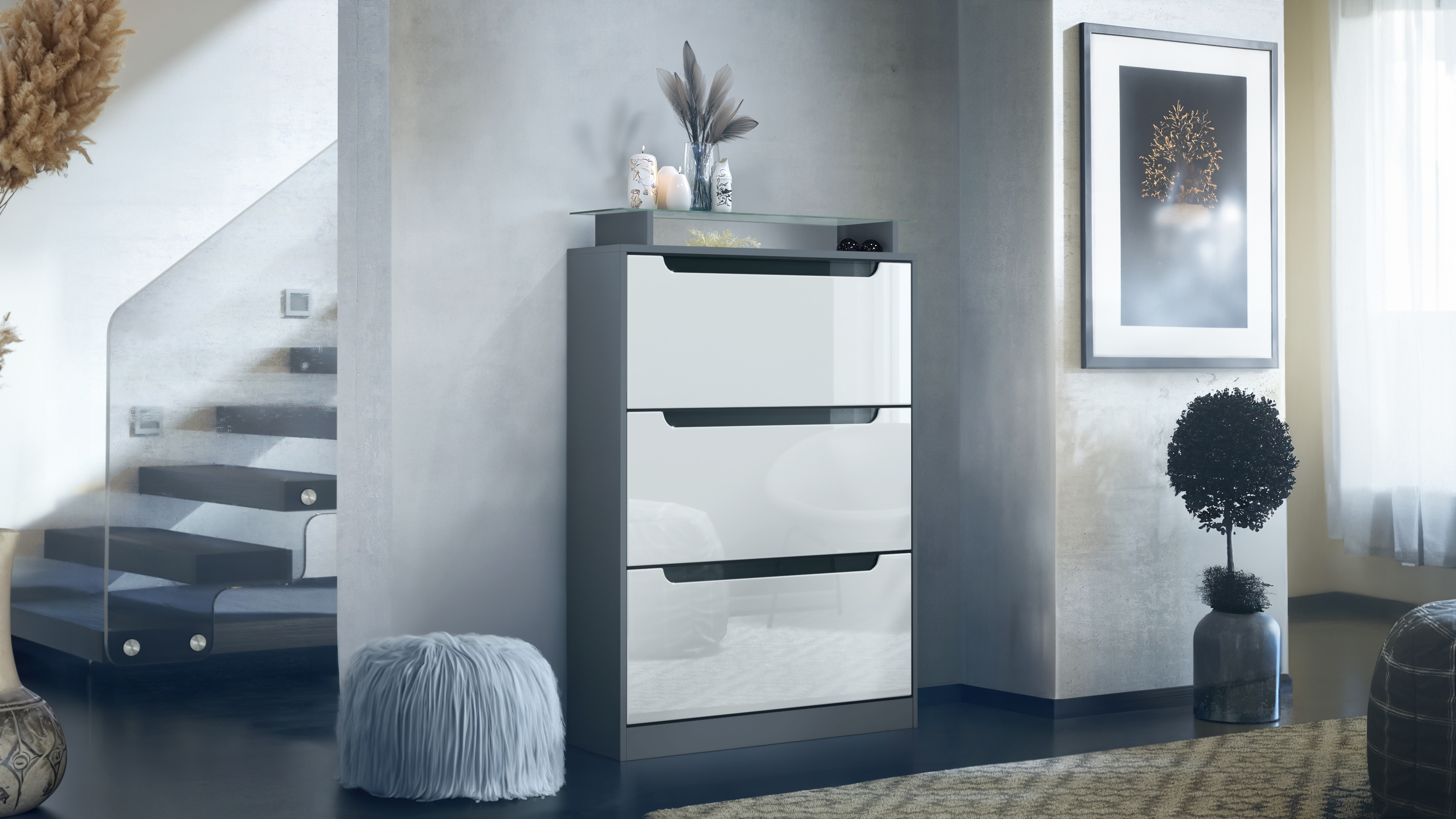 Schuhschrank Schuhkipper Diele Flur Schrank Space Anthrazit Hochglanz Naturtöne - Bild 21 von 21