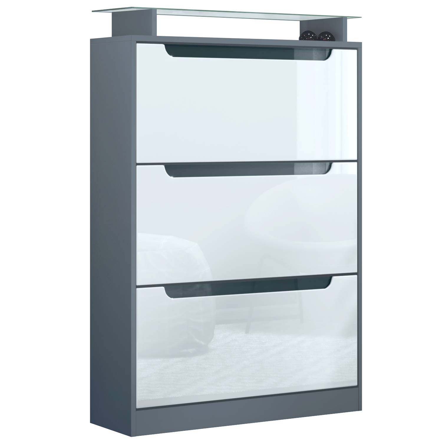 Schuhschrank Schuhkipper Diele Flur Schrank Space Anthrazit Hochglanz Naturtöne - Bild 20 von 21