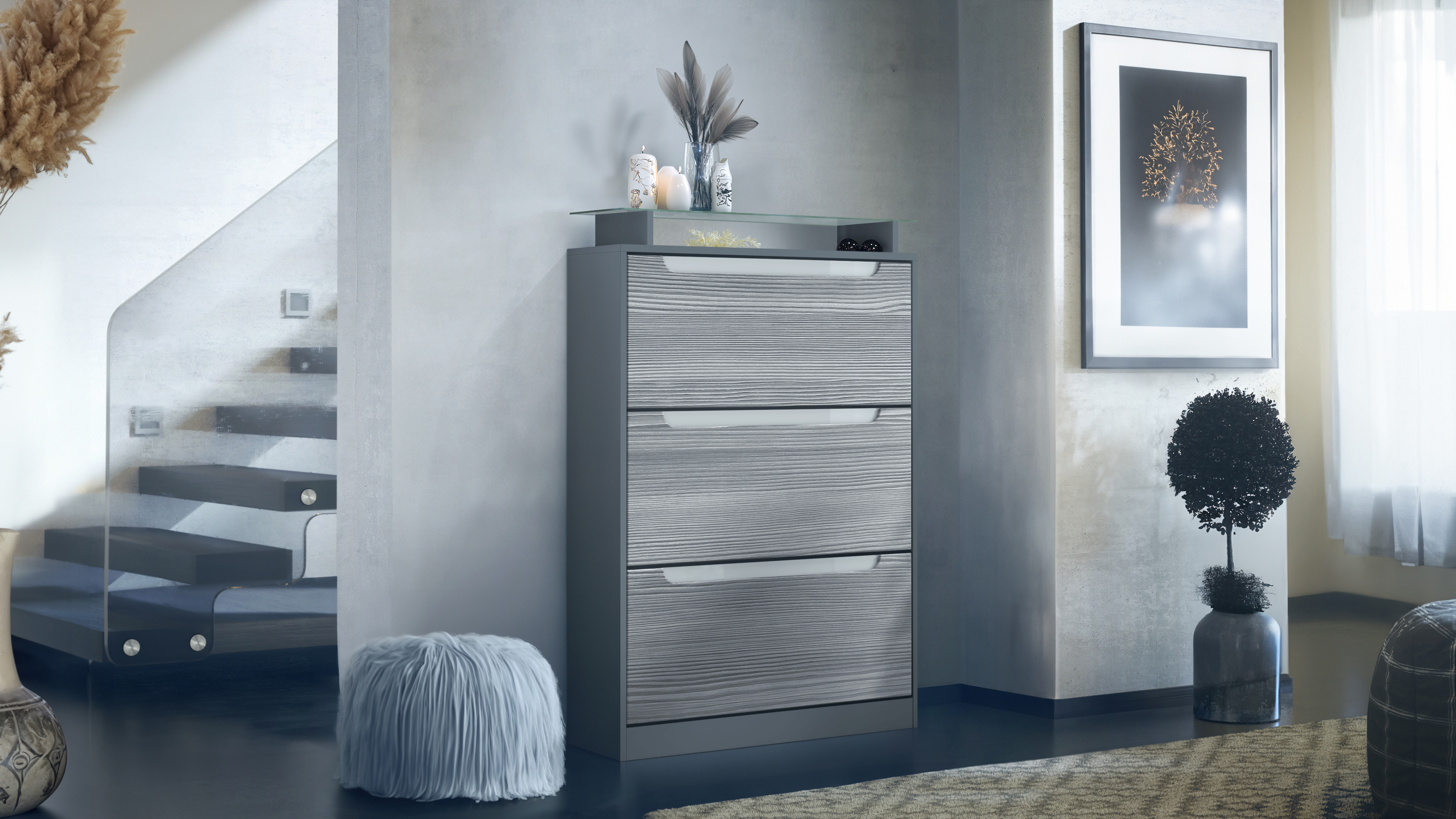 Schuhschrank Schuhkipper Diele Flur Schrank Space Anthrazit Hochglanz Naturtöne - Bild 7 von 21