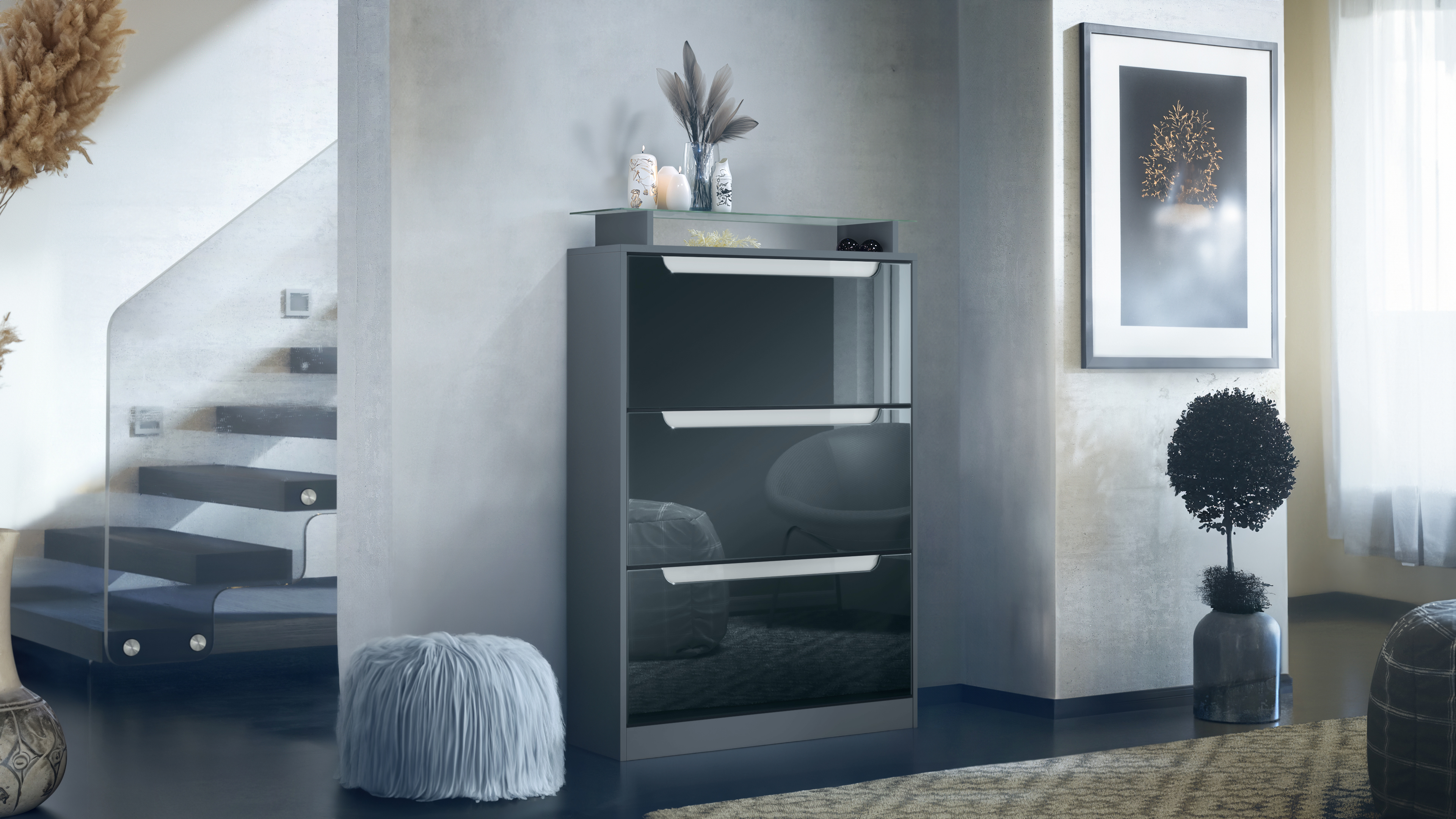 Schuhschrank Schuhkipper Diele Flur Schrank Space Anthrazit Hochglanz Naturtöne - Bild 19 von 21