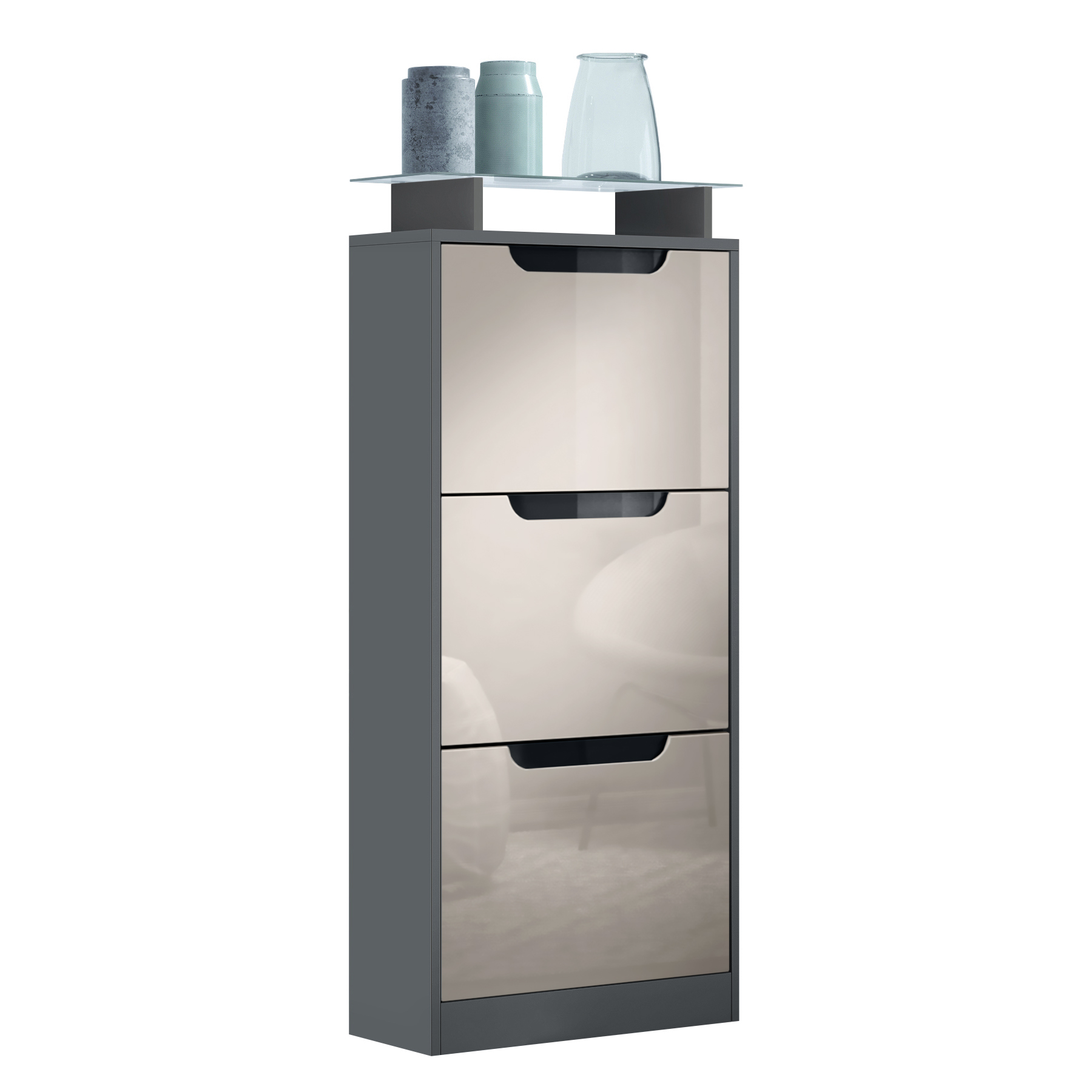 Schuhschrank Schuhfach Diele Flur Schrank Space V2 Anthrazit Hochglanz Naturtöne