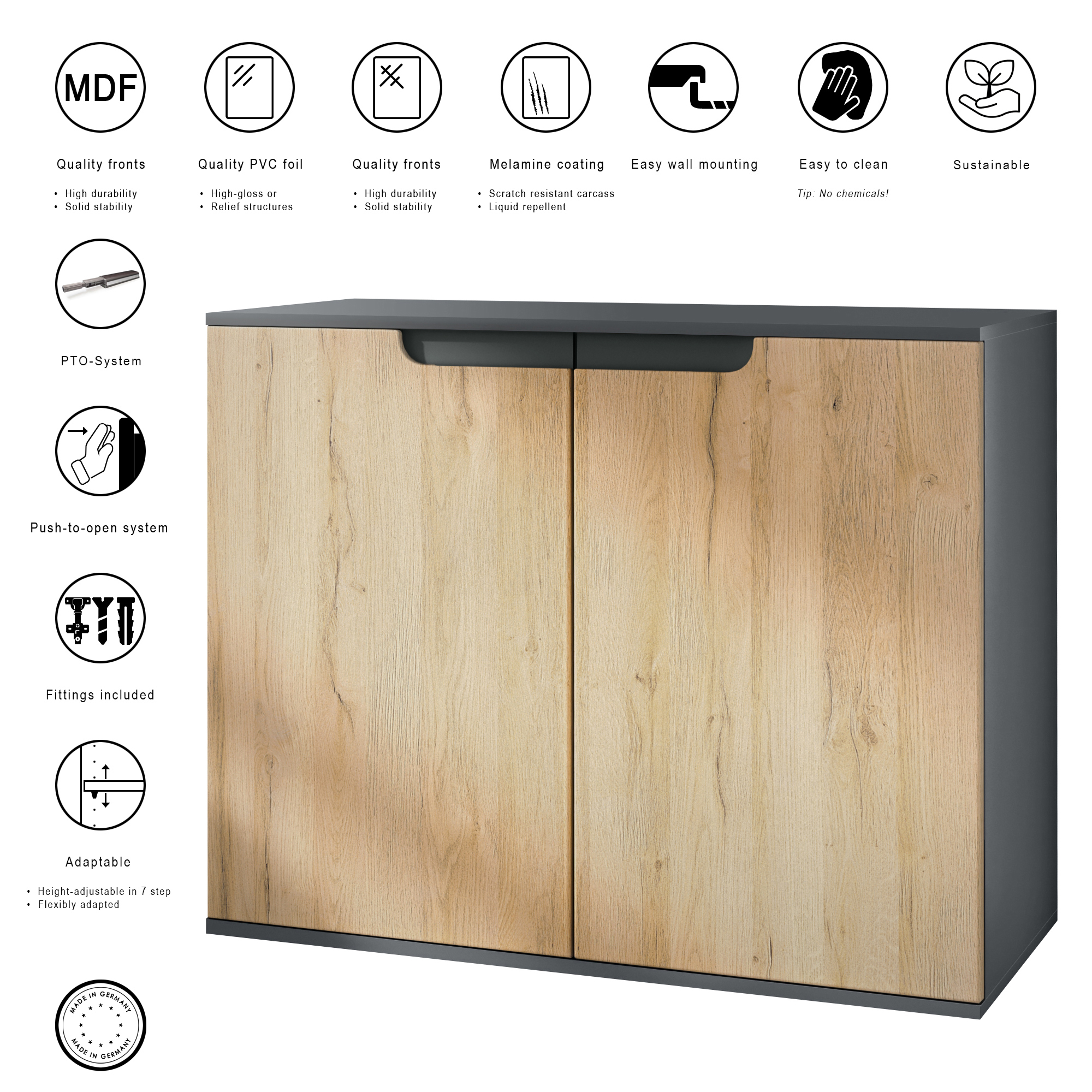 Sideboard Kommode Vitrine Küchenschrank Sylt V3 Anthrazit - Glanz Naturtöne