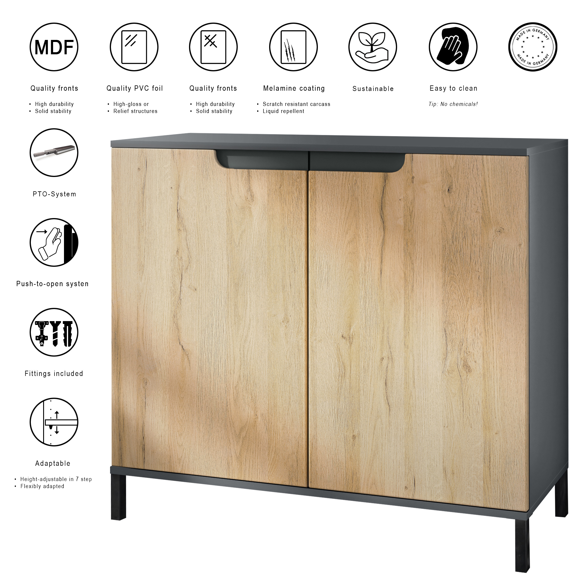 Sideboard Kommode Vitrine Küchenschrank Sylt V3 Anthrazit - Glanz Naturtöne