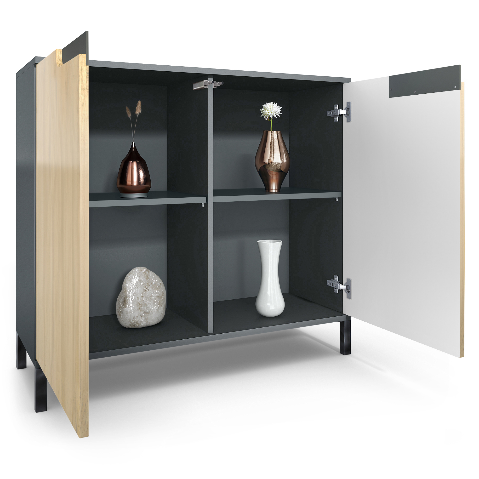 Sideboard Kommode Vitrine Küchenschrank Sylt V3 Anthrazit - Glanz Naturtöne