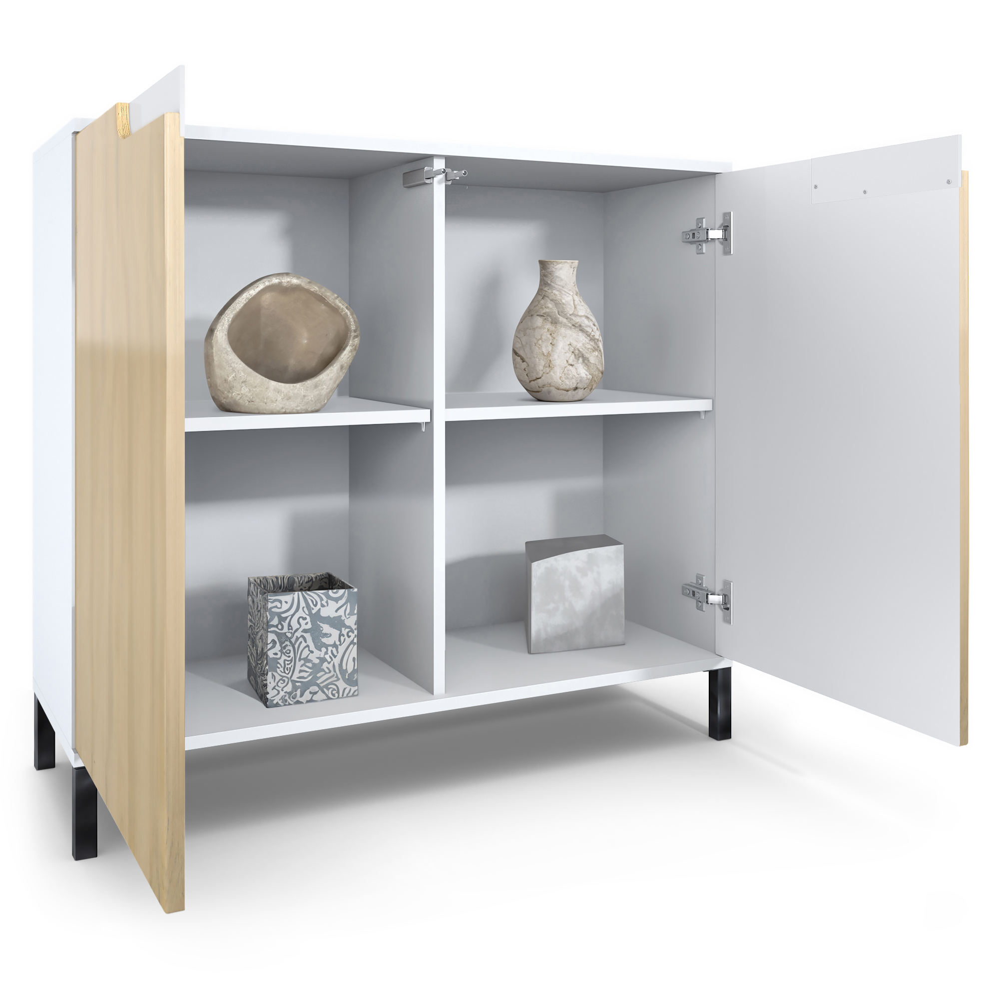 Sideboard Kommode Vitrine Küchenschrank Sylt V3 Weiß - Hochglanz Naturtöne