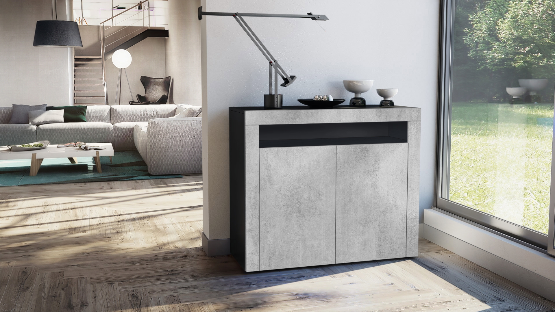 Kommode Sideboard Anrichte Schrank Valencia in Schwarz - Hochglanz und Naturtöne - Bild 11 von 47