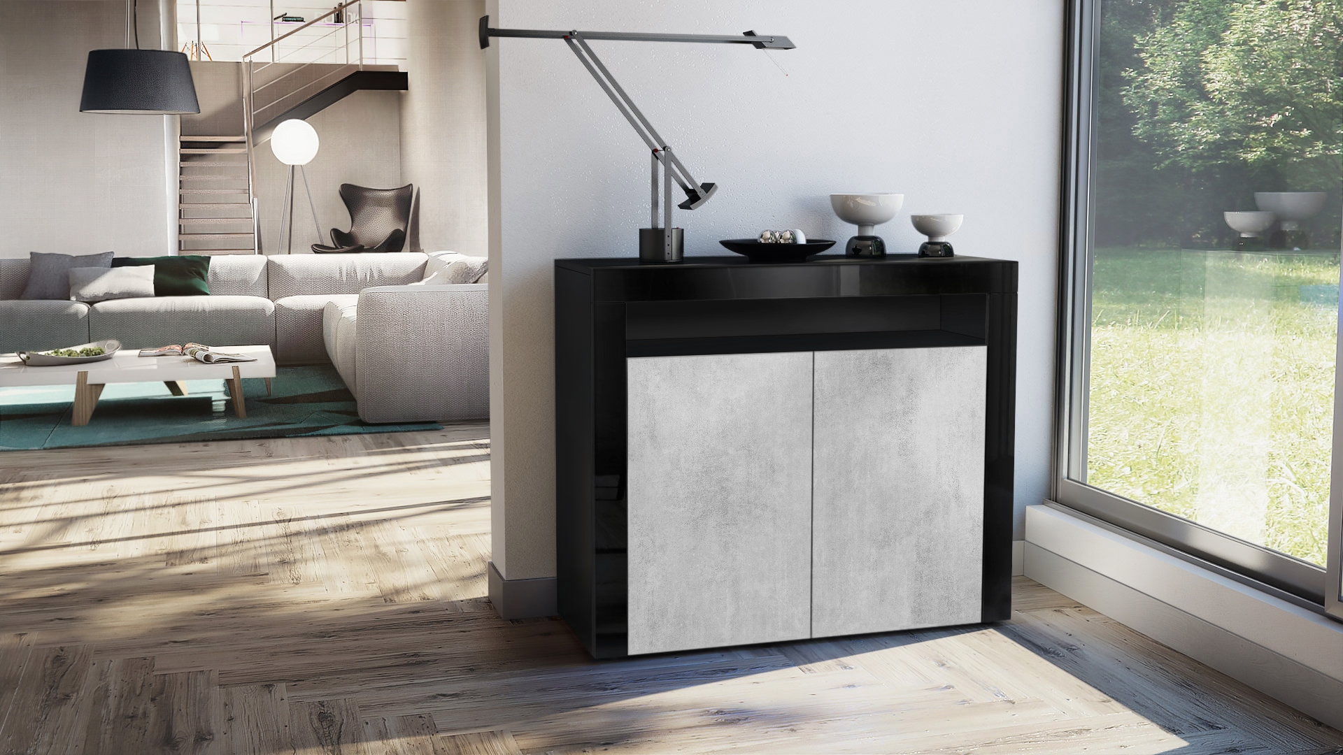 Kommode Sideboard Anrichte Schrank Valencia in Schwarz - Hochglanz und Naturtöne - Bild 13 von 47