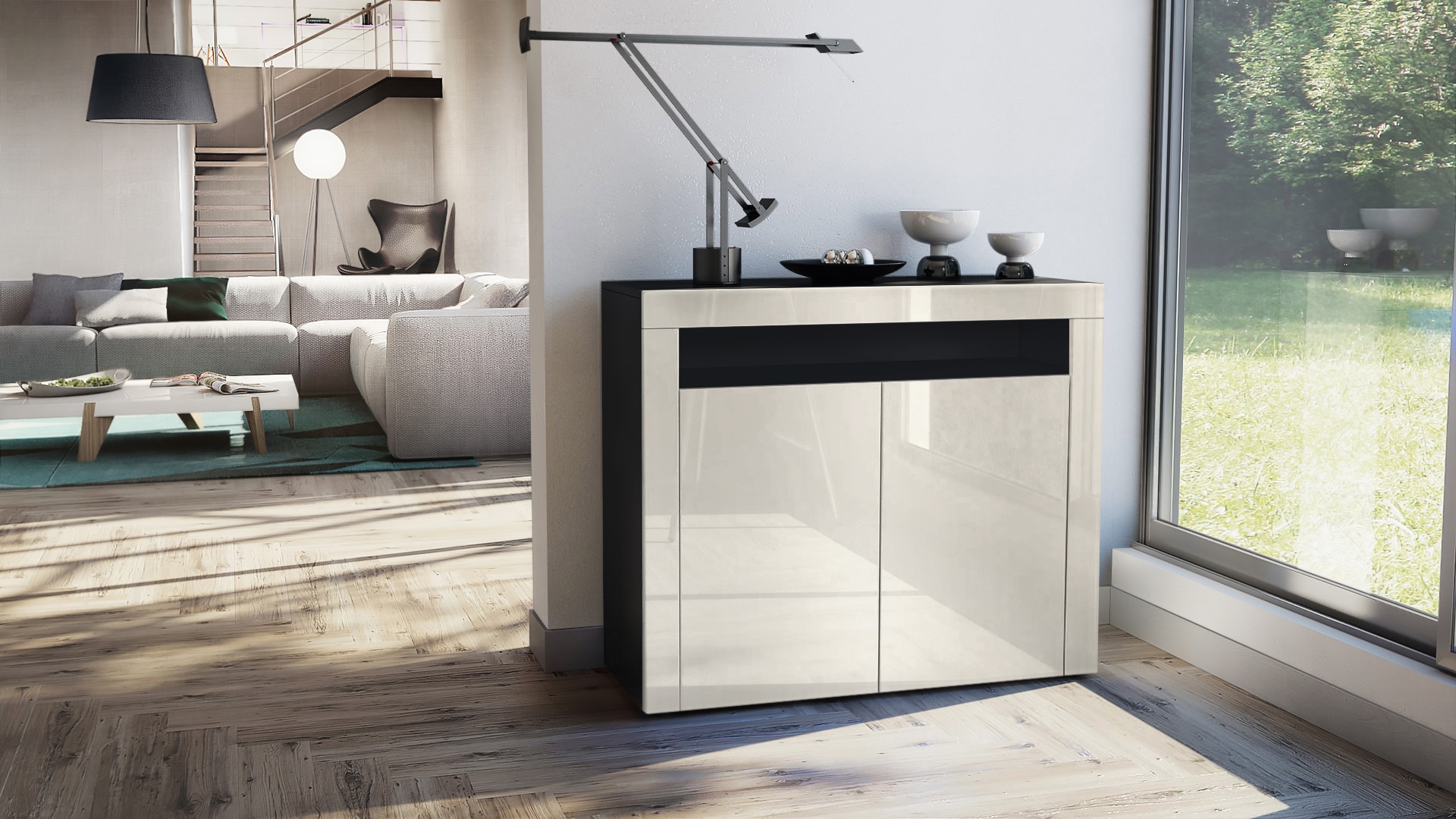 Kommode Sideboard Anrichte Schrank Valencia in Schwarz - Hochglanz und Naturtöne - Bild 25 von 47