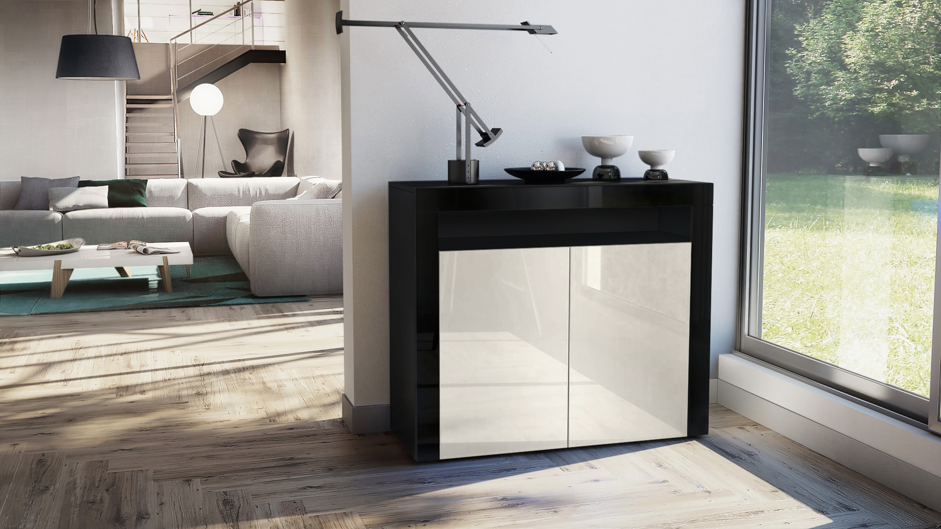 Kommode Sideboard Anrichte Schrank Valencia in Schwarz - Hochglanz und Naturtöne - Bild 23 von 47