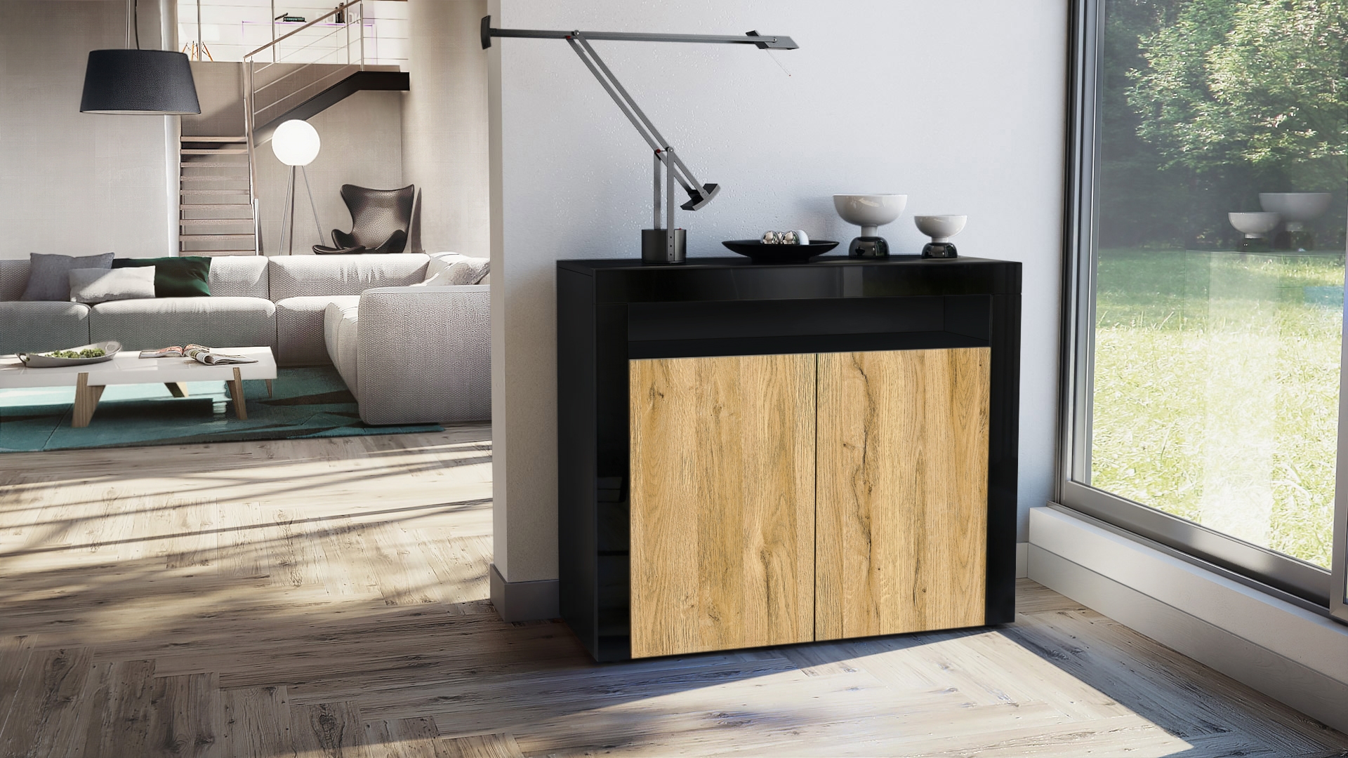 Kommode Sideboard Anrichte Schrank Valencia in Schwarz - Hochglanz und Naturtöne - Bild 29 von 47