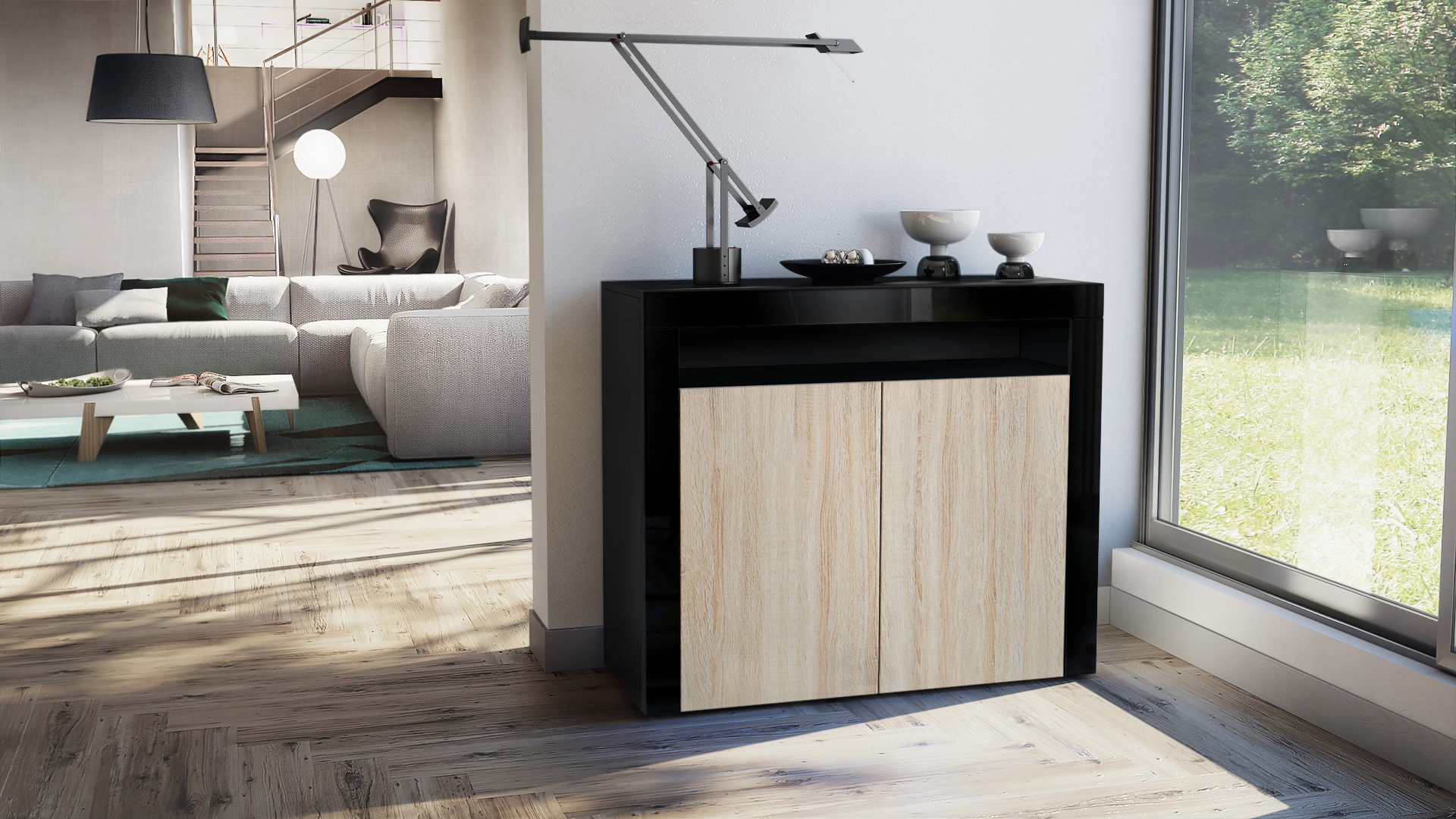 Kommode Sideboard Anrichte Schrank Valencia in Schwarz - Hochglanz und Naturtöne - Bild 33 von 47