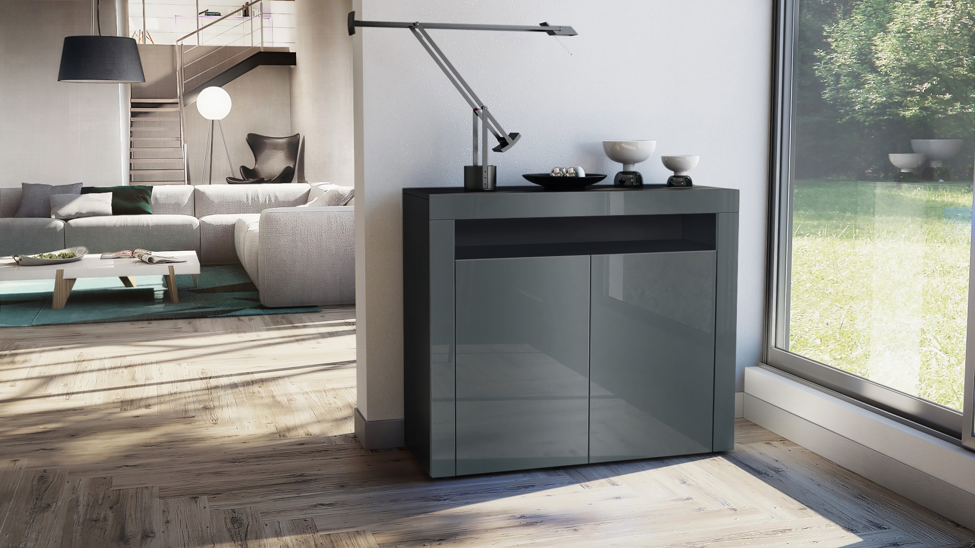 Kommode Sideboard Anrichte Schrank Valencia in Schwarz - Hochglanz und Naturtöne - Bild 35 von 47