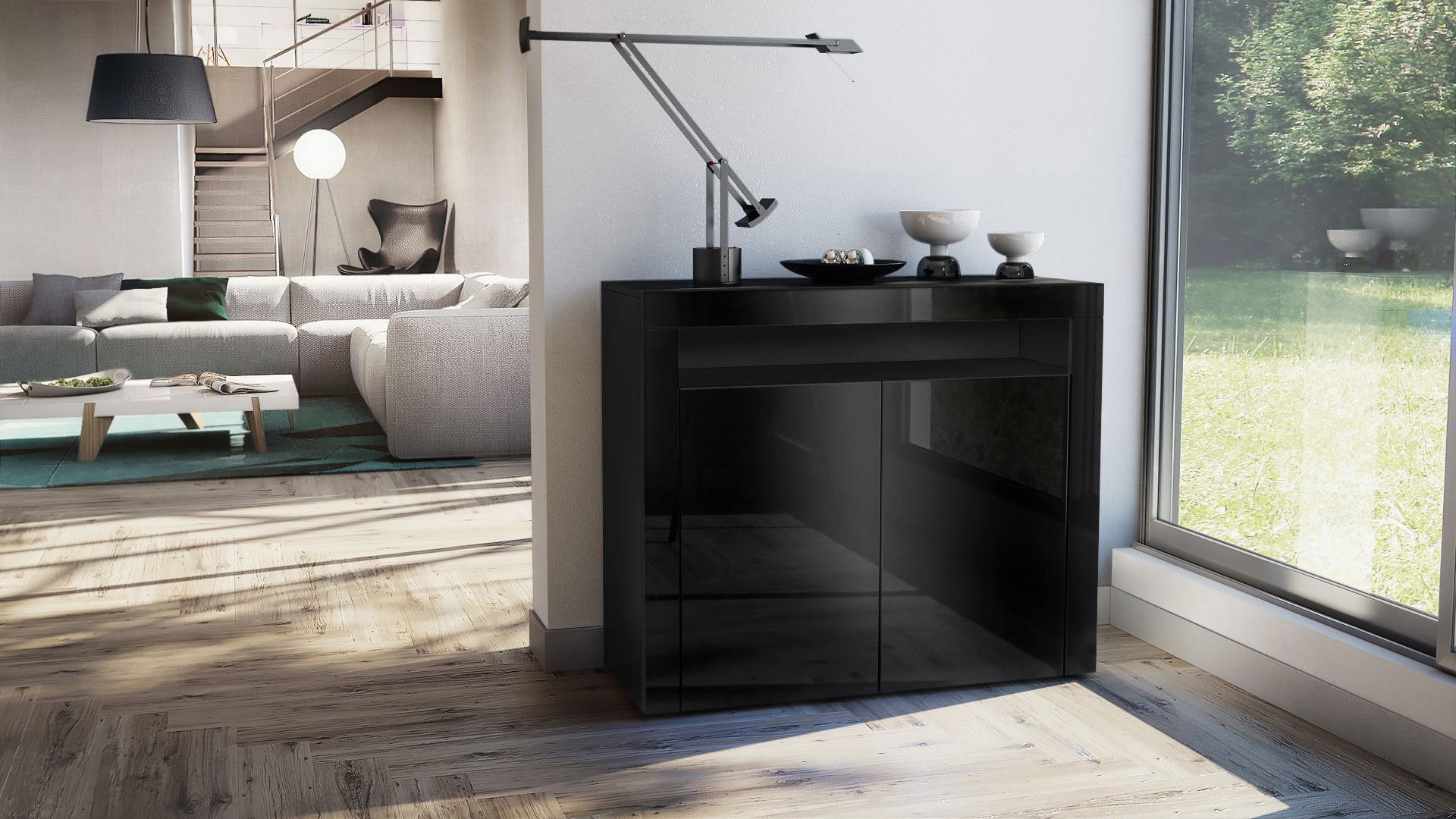 Kommode Sideboard Anrichte Schrank Valencia in Schwarz - Hochglanz und Naturtöne - Bild 43 von 47