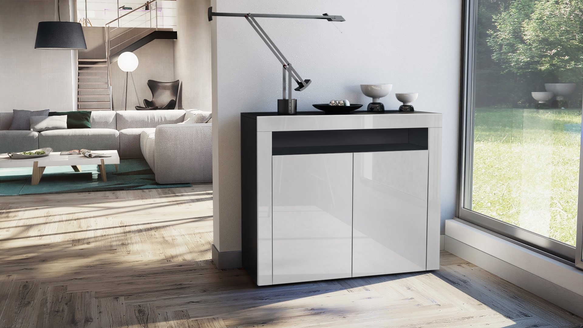 Kommode Sideboard Anrichte Schrank Valencia in Schwarz - Hochglanz und Naturtöne - Bild 45 von 47